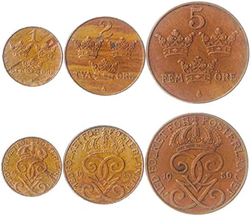 3 מטבעות משוודיה | אוסף סט מטבעות שוודי 1 2 5 עפרות | הופץ 1909-1950 | שלושה כתרים